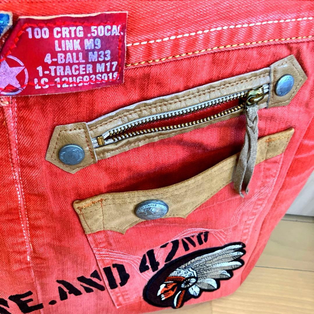 デニムリメイクトートバッグ 赤 スカル刺繍