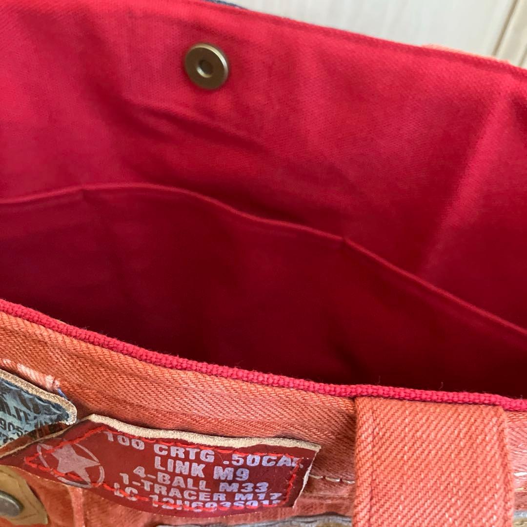 デニムリメイクトートバッグ 赤 スカル刺繍