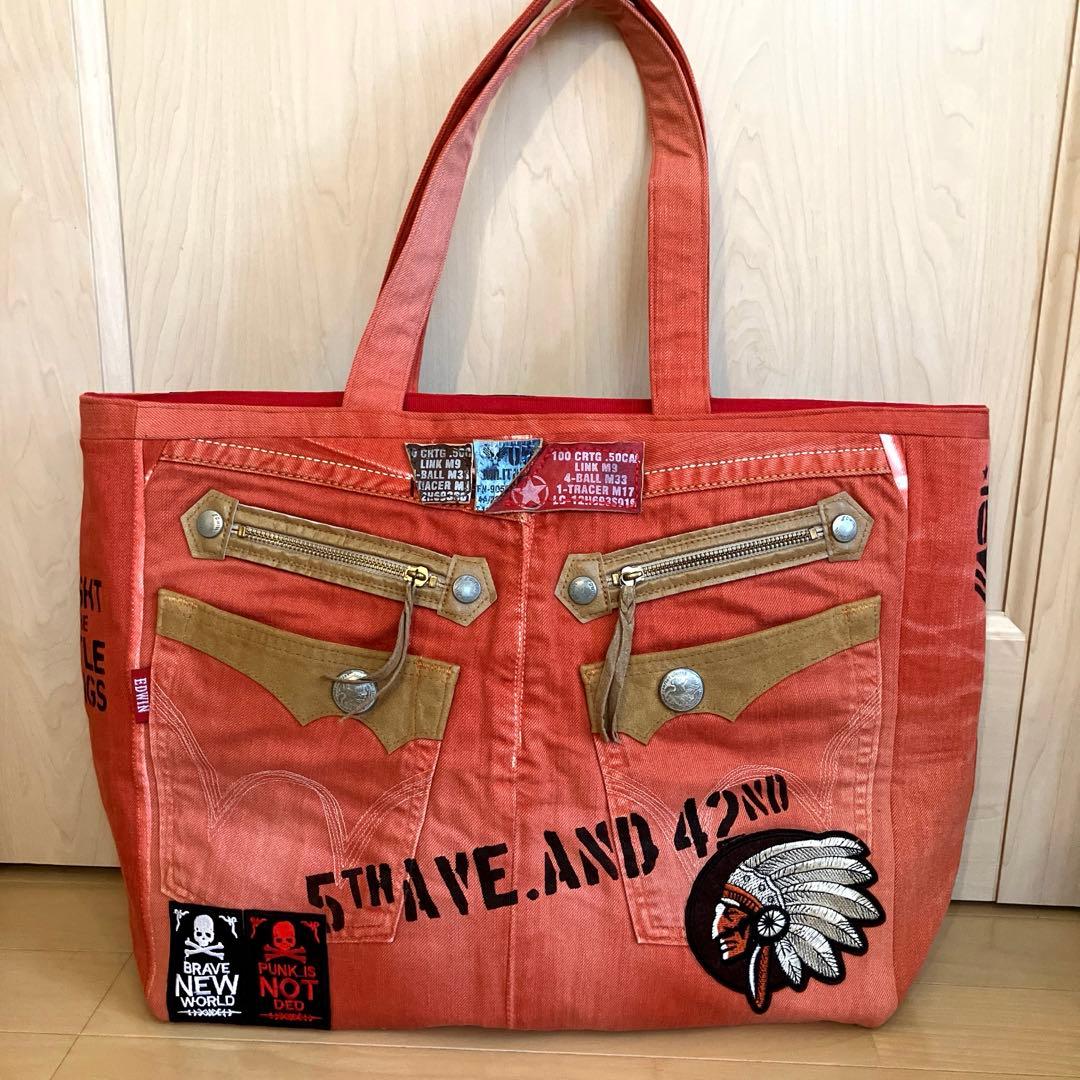 デニムリメイクトートバッグ 赤 スカル刺繍