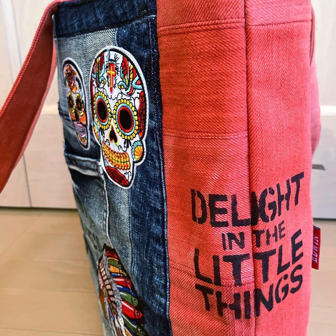 デニムリメイクトートバッグ 赤 スカル刺繍