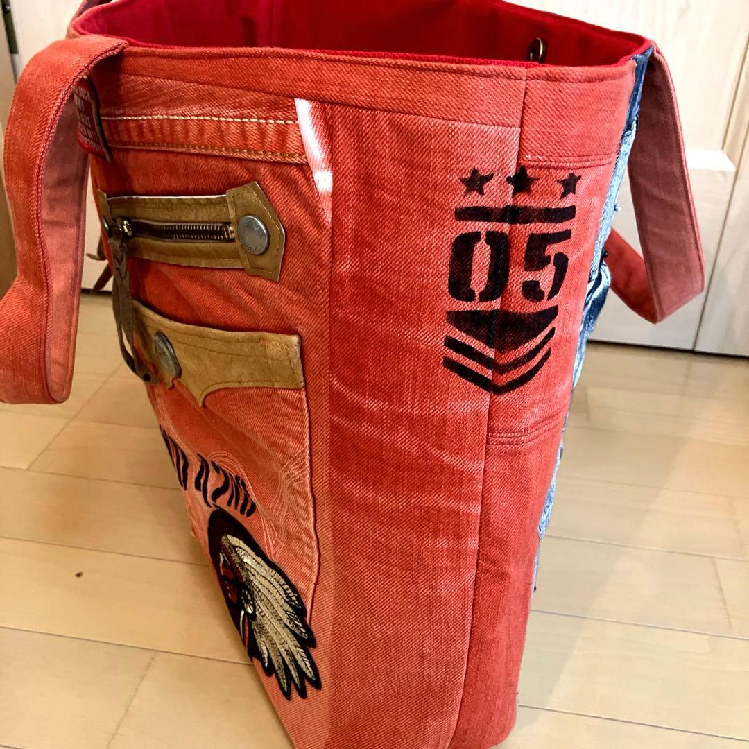 デニムリメイクトートバッグ 赤 スカル刺繍