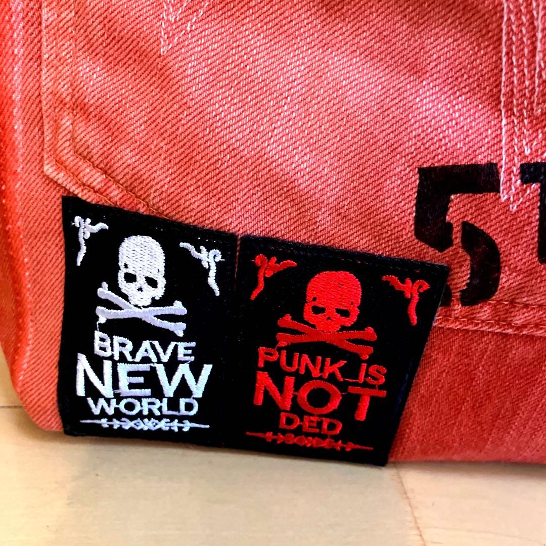 デニムリメイクトートバッグ 赤 スカル刺繍