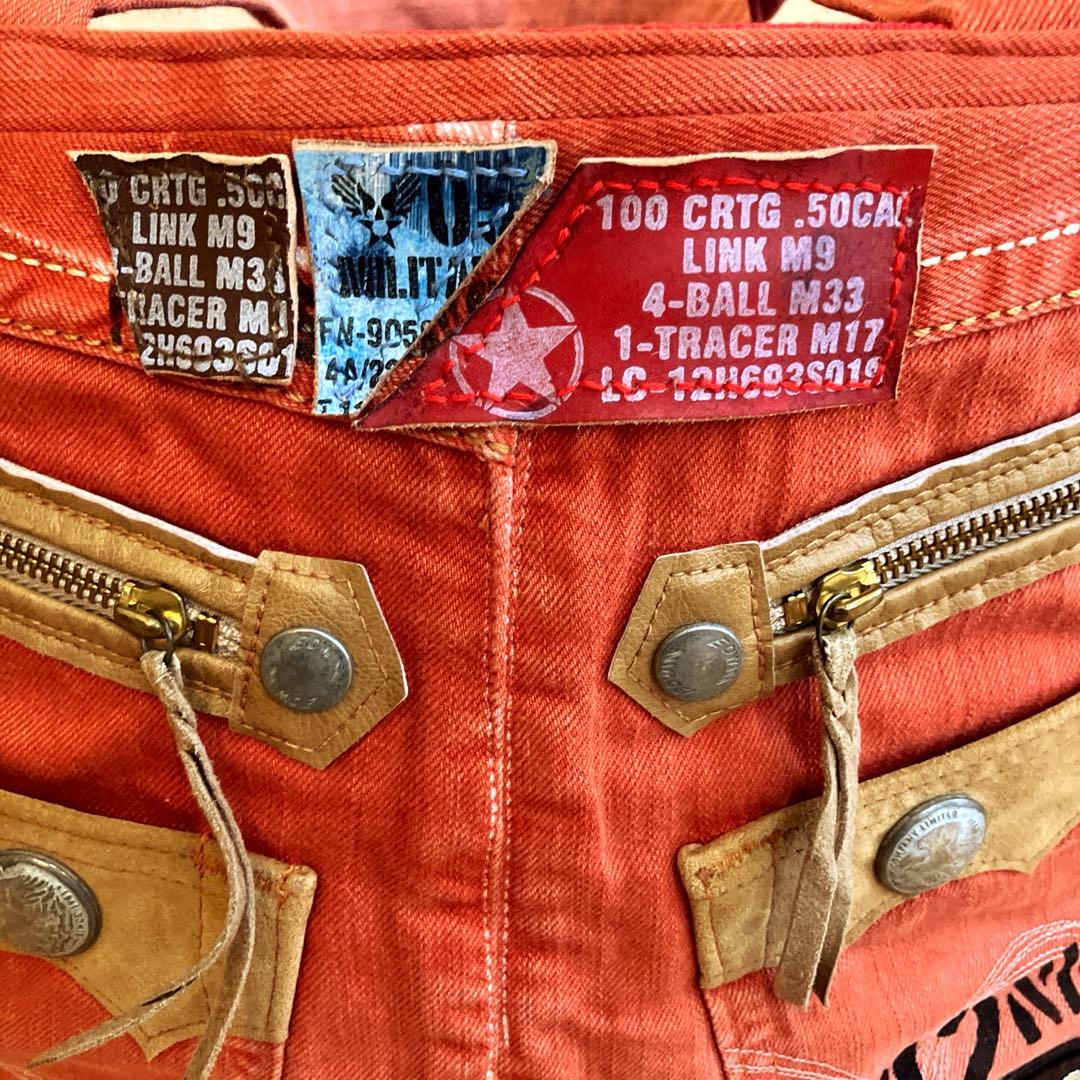 デニムリメイクトートバッグ 赤 スカル刺繍