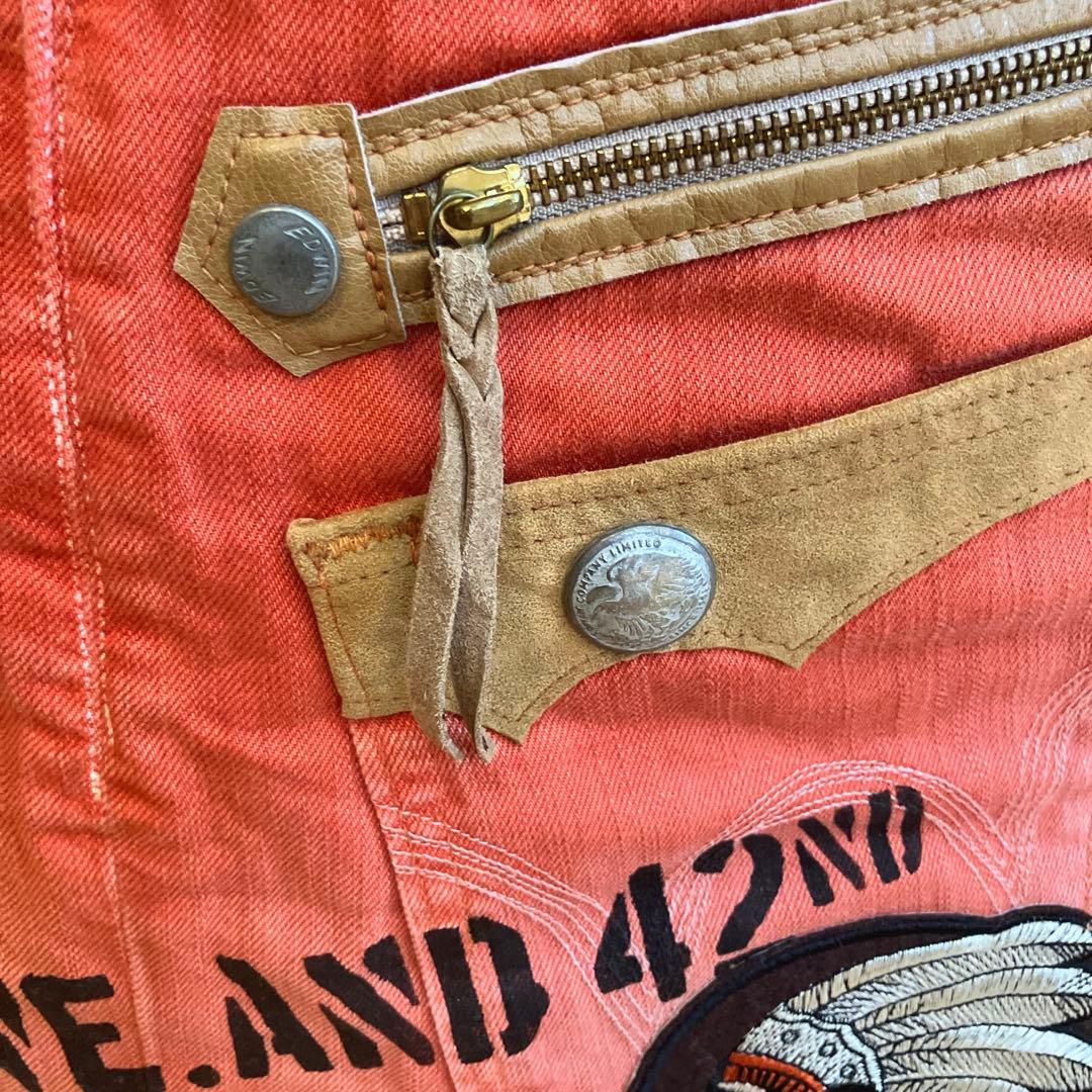 デニムリメイクトートバッグ 赤 スカル刺繍