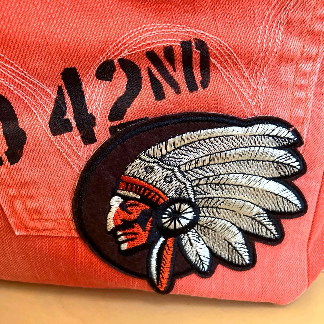 デニムリメイクトートバッグ 赤 スカル刺繍