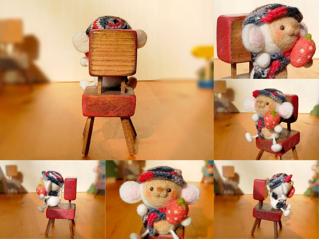 ✿羊毛フェルト✿ちっこいイスとおさるさん✿いちご✿赤✿