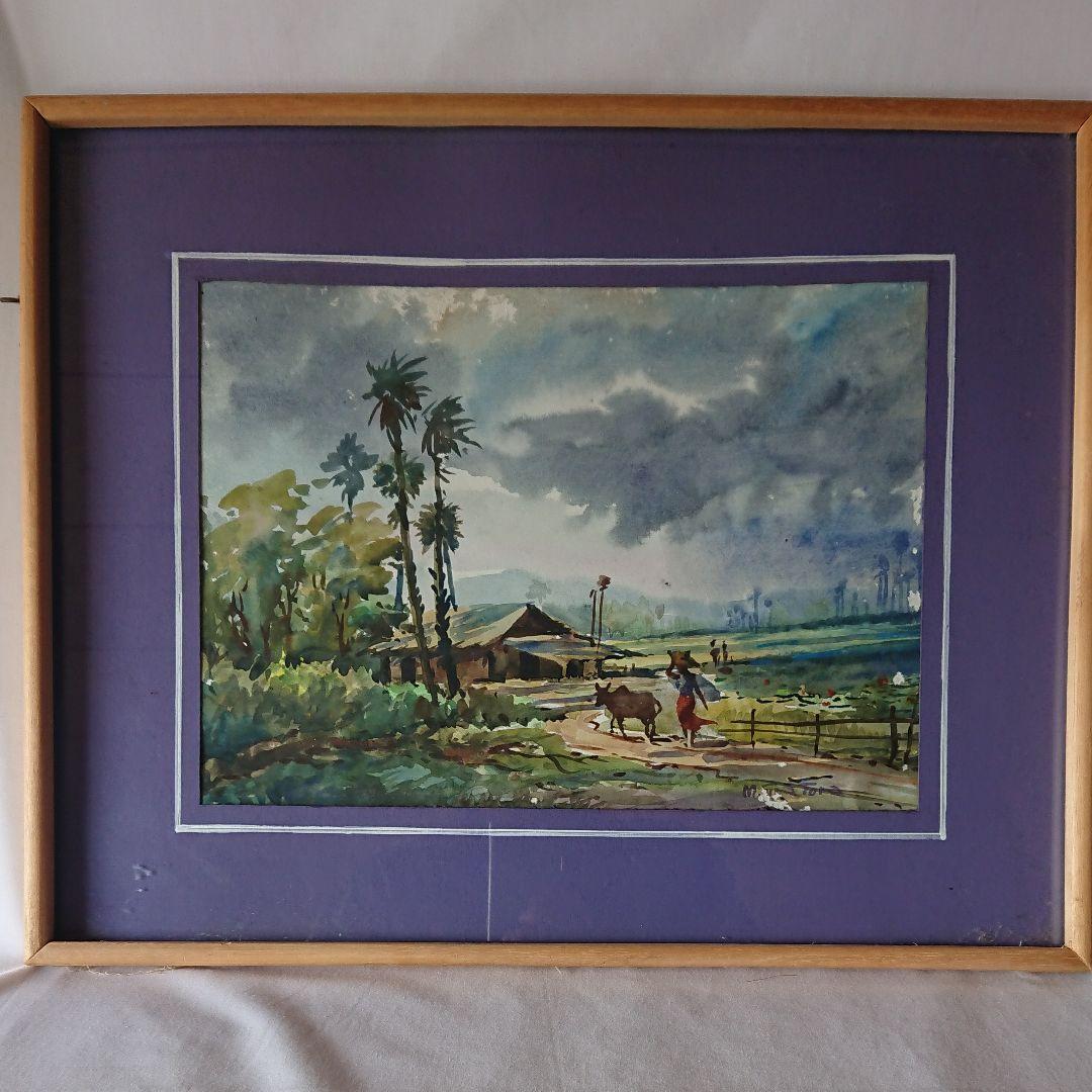 水彩画  風景画  アジアの農村  牛  女性