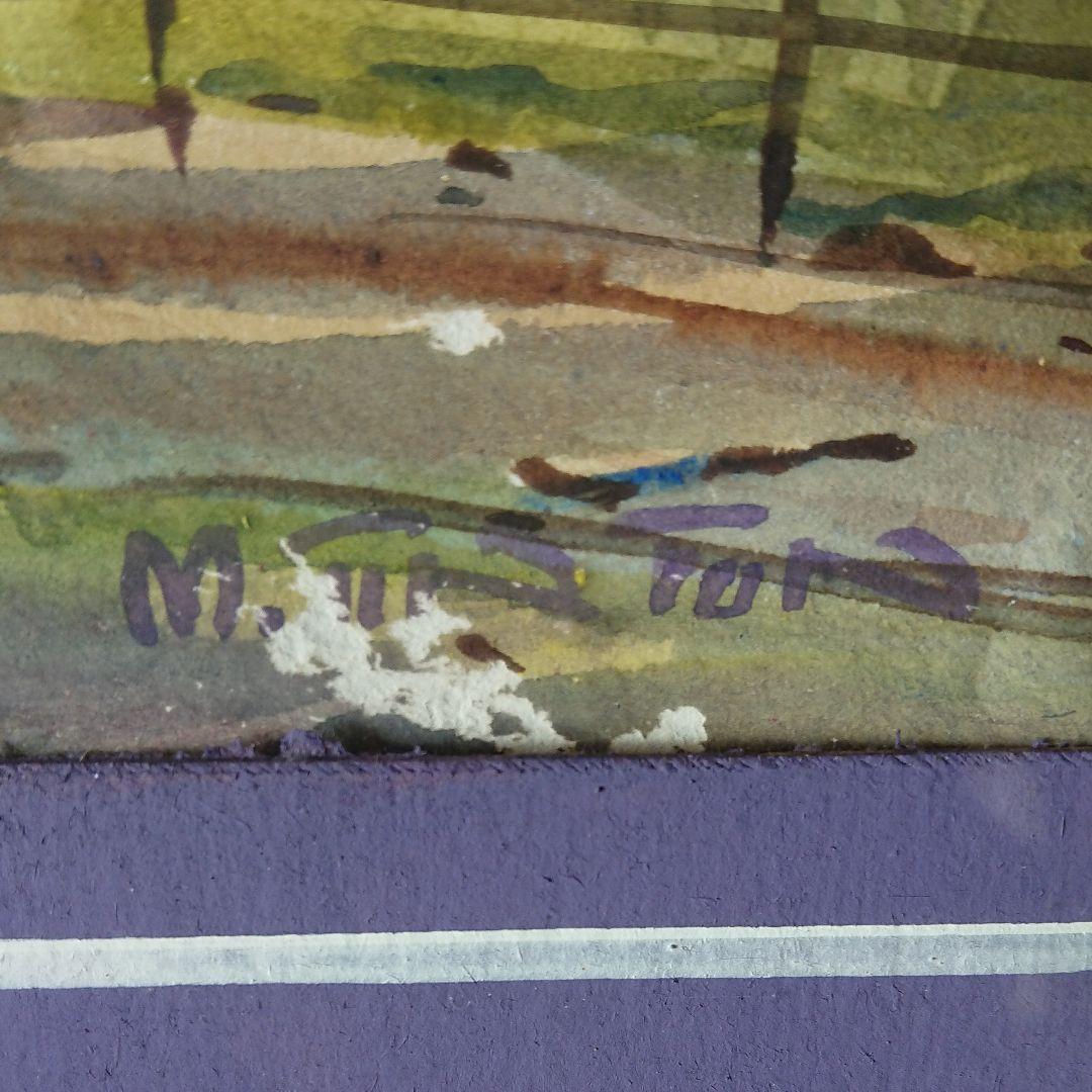 水彩画  風景画  アジアの農村  牛  女性