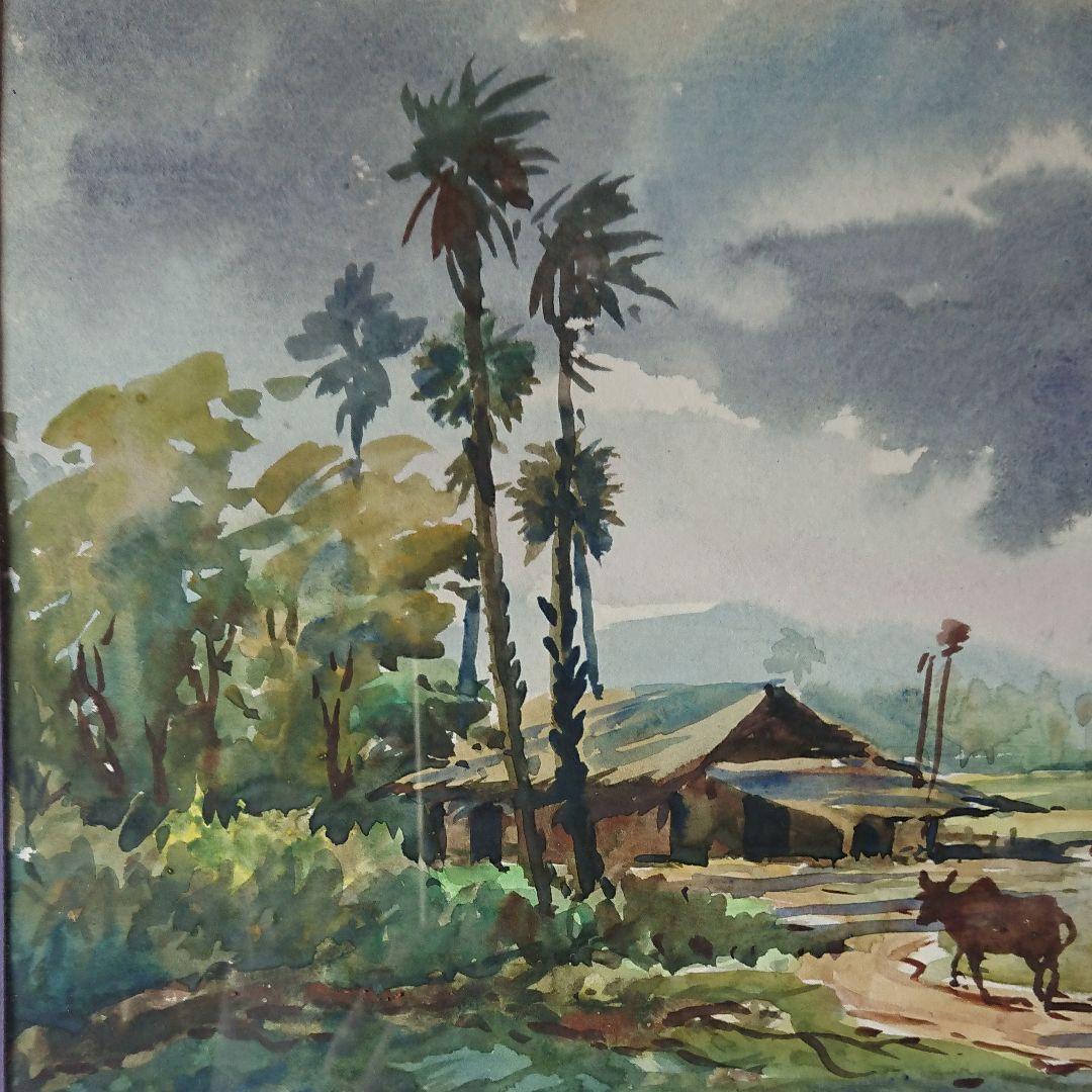水彩画  風景画  アジアの農村  牛  女性