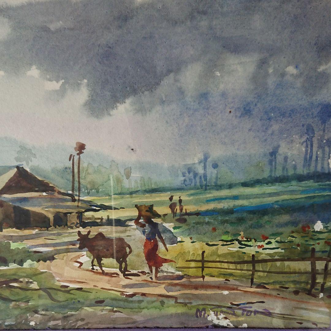 水彩画  風景画  アジアの農村  牛  女性