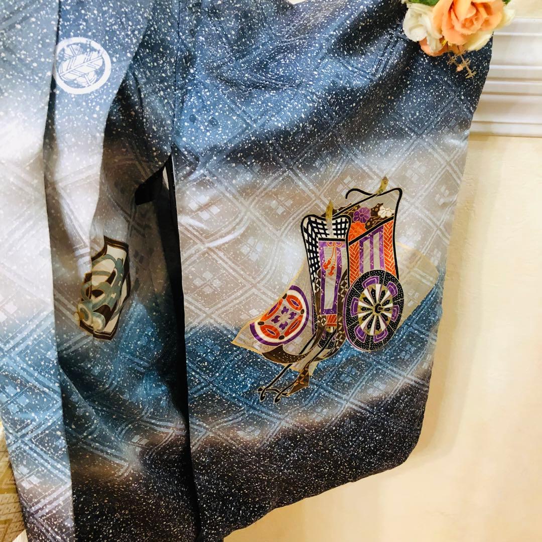 七五三 五歳‼️キッズモデル撮影一回美品淡い青系に鷹柄‼️ラメ暈し 完全フルセット‼️