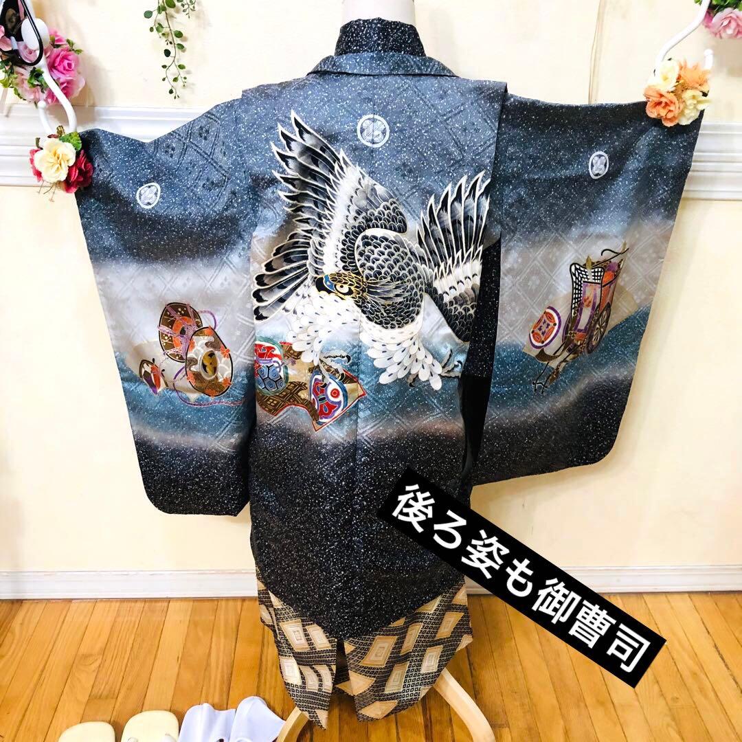 七五三 五歳‼️キッズモデル撮影一回美品淡い青系に鷹柄‼️ラメ暈し 完全フルセット‼️