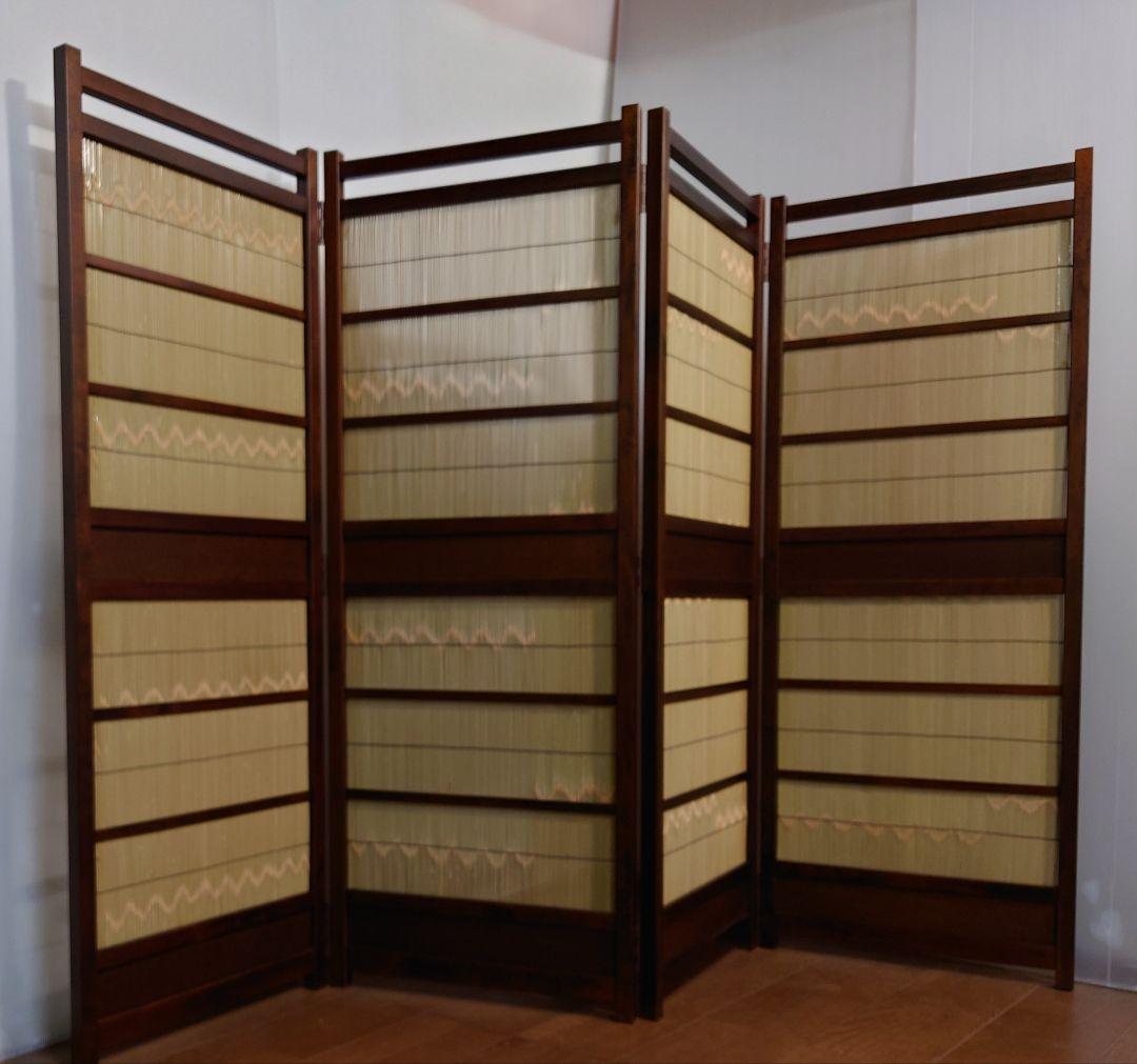 御簾　竹皮屏風　１台限定　簾四枚折りたたみ式竹衝立　4連パーテーション和風衝立