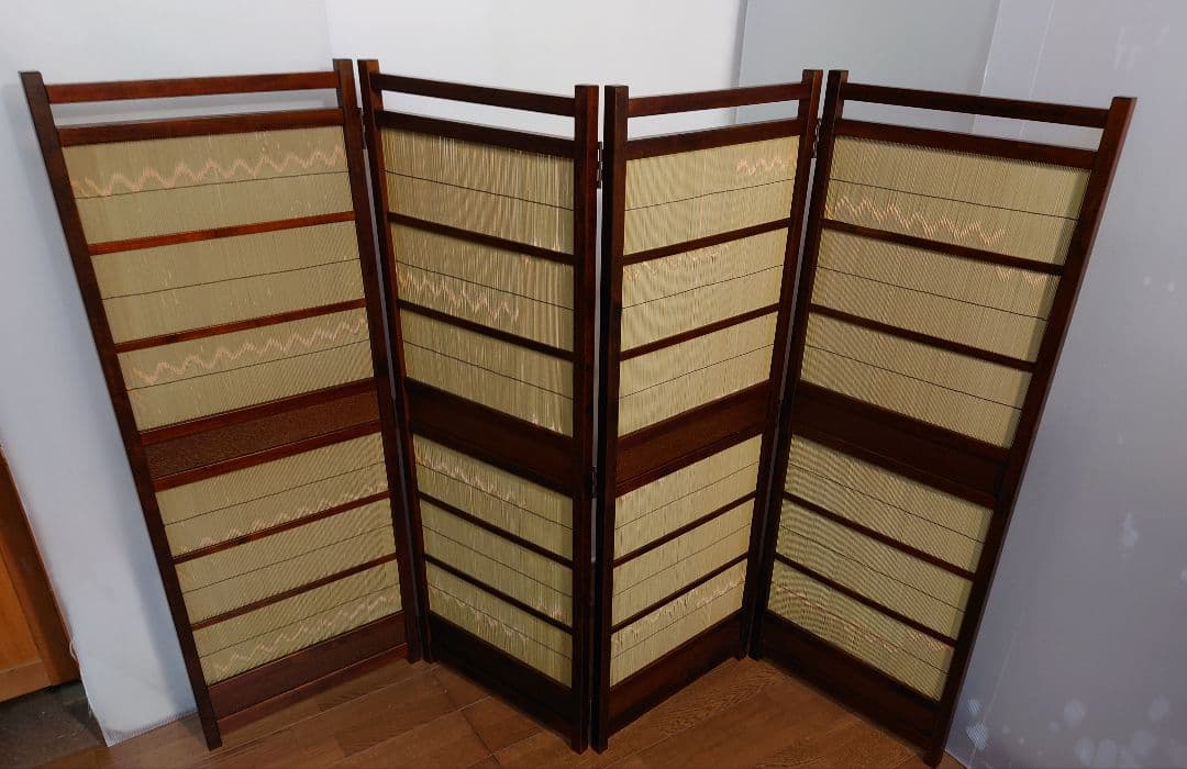 御簾　竹皮屏風　１台限定　簾四枚折りたたみ式竹衝立　4連パーテーション和風衝立
