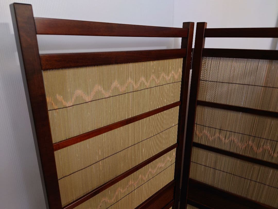 御簾　竹皮屏風　１台限定　簾四枚折りたたみ式竹衝立　4連パーテーション和風衝立
