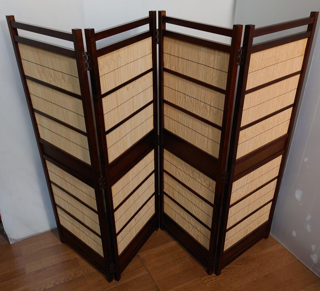 御簾　竹皮屏風　１台限定　簾四枚折りたたみ式竹衝立　4連パーテーション和風衝立