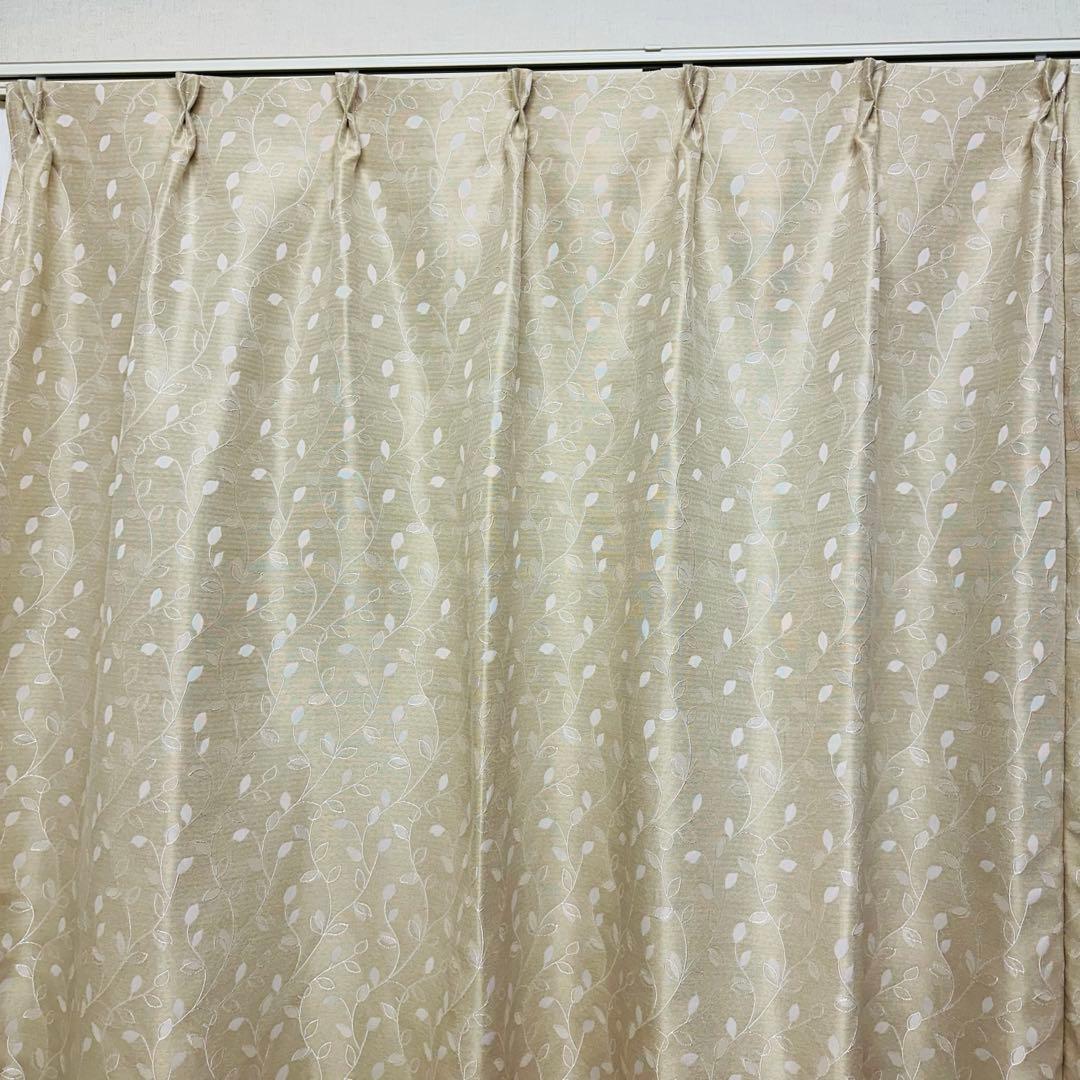 刺繍　カーテン　幅150cm×丈200cm2枚　 リーフ　イエロー