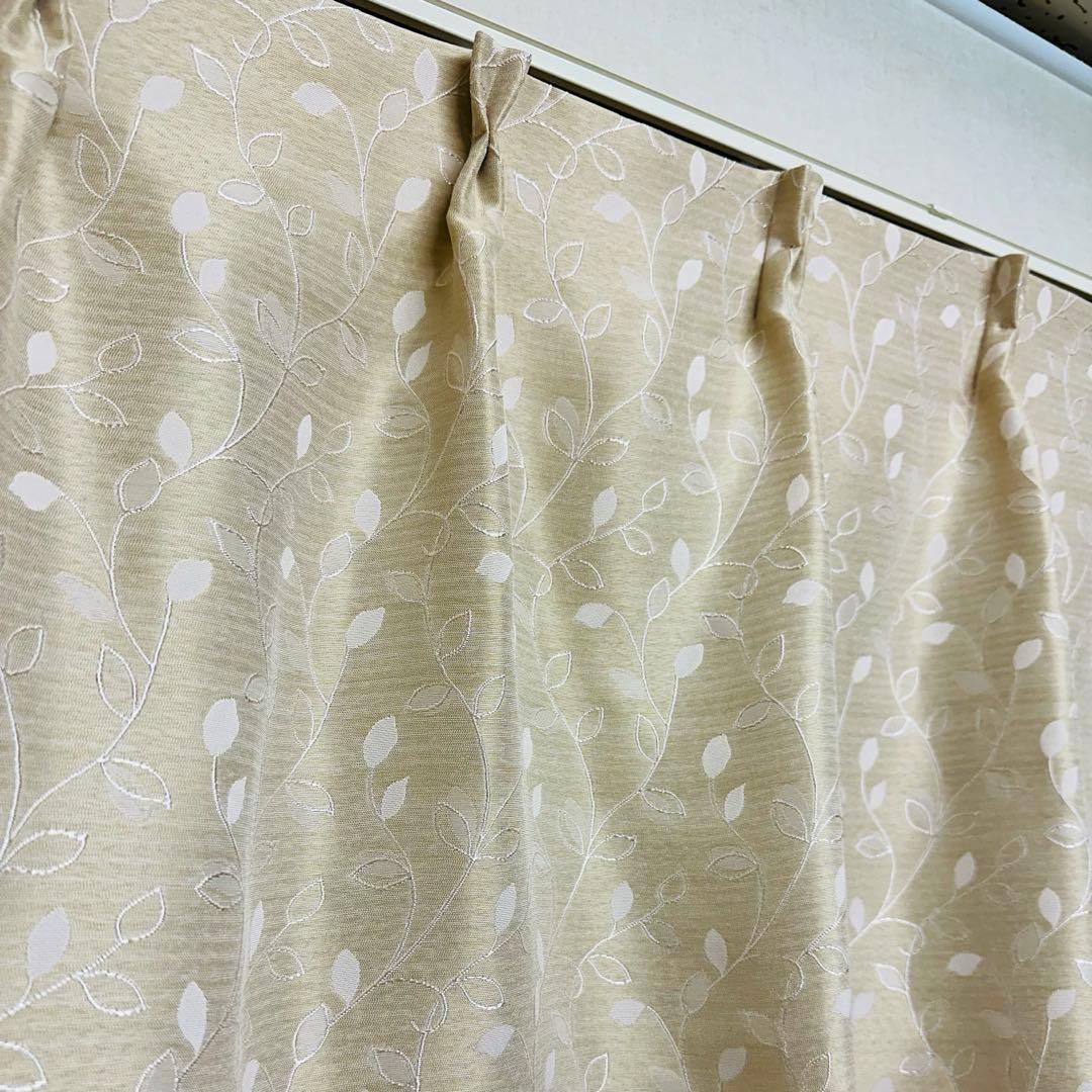 刺繍　カーテン　幅150cm×丈200cm2枚　 リーフ　イエロー