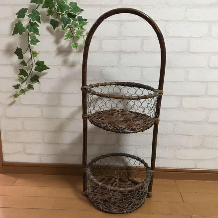 ラタン　アイアン　ディスプレイスタンドラック　フラワースタンド　アンティーク　籐