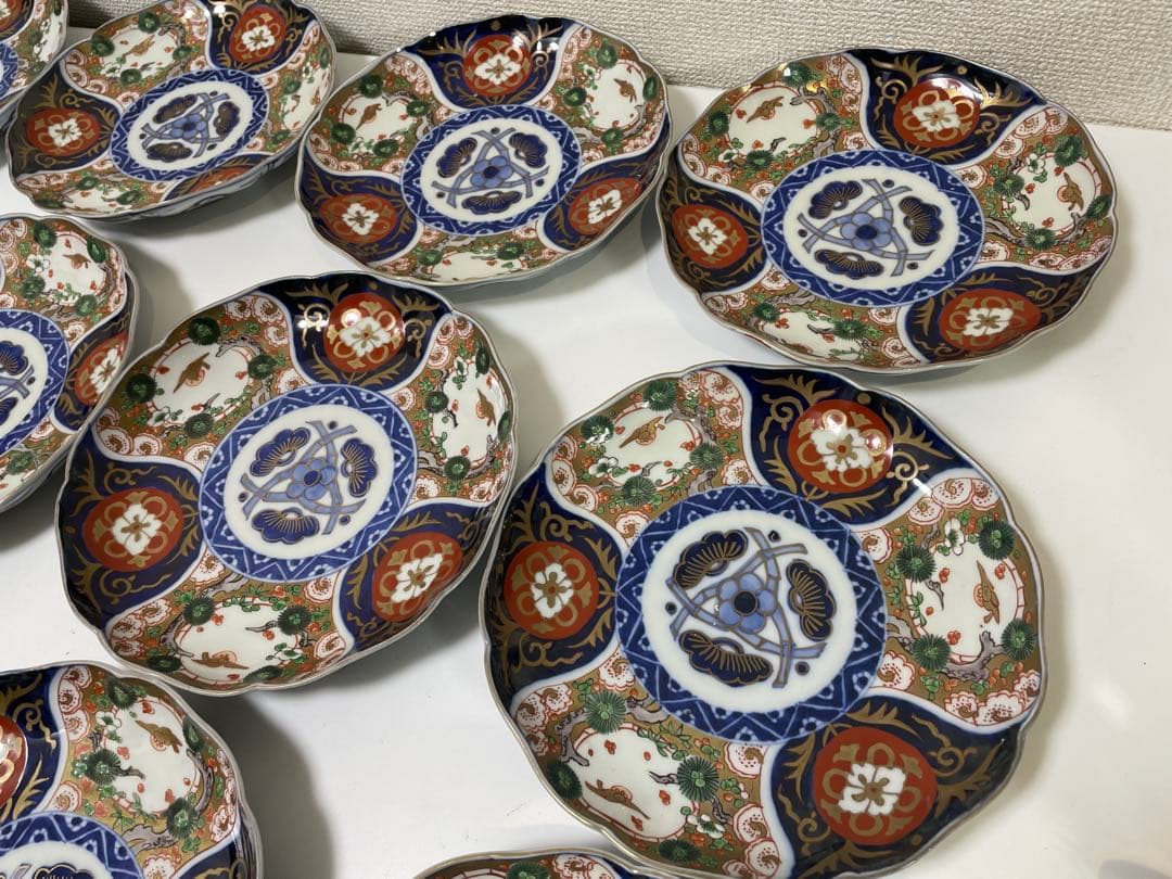 【現状品】古伊万里 金彩 色絵 染付 陶器 花柄 中皿 割烹 懐石 10枚 ①