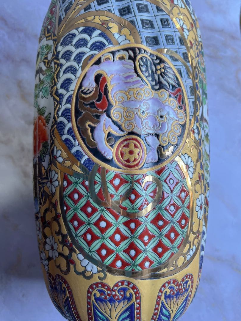 アンティーク　花入　伊万里焼 花瓶　骨董 吉國作 金彩　大壺 細密色絵　花器