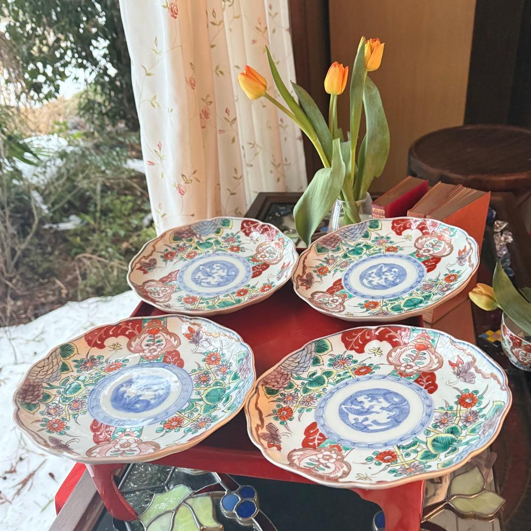 Aさまに感謝お嫁入り‼️渾身伊万里錦手　Dragon❌あじさい桐に蝶蜂菊7寸皿2客