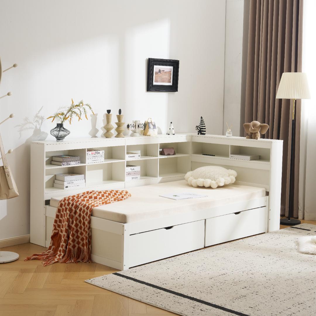 タイムセール！システムベッド　引き出し・ラック付き　収納が便利　WHITE
