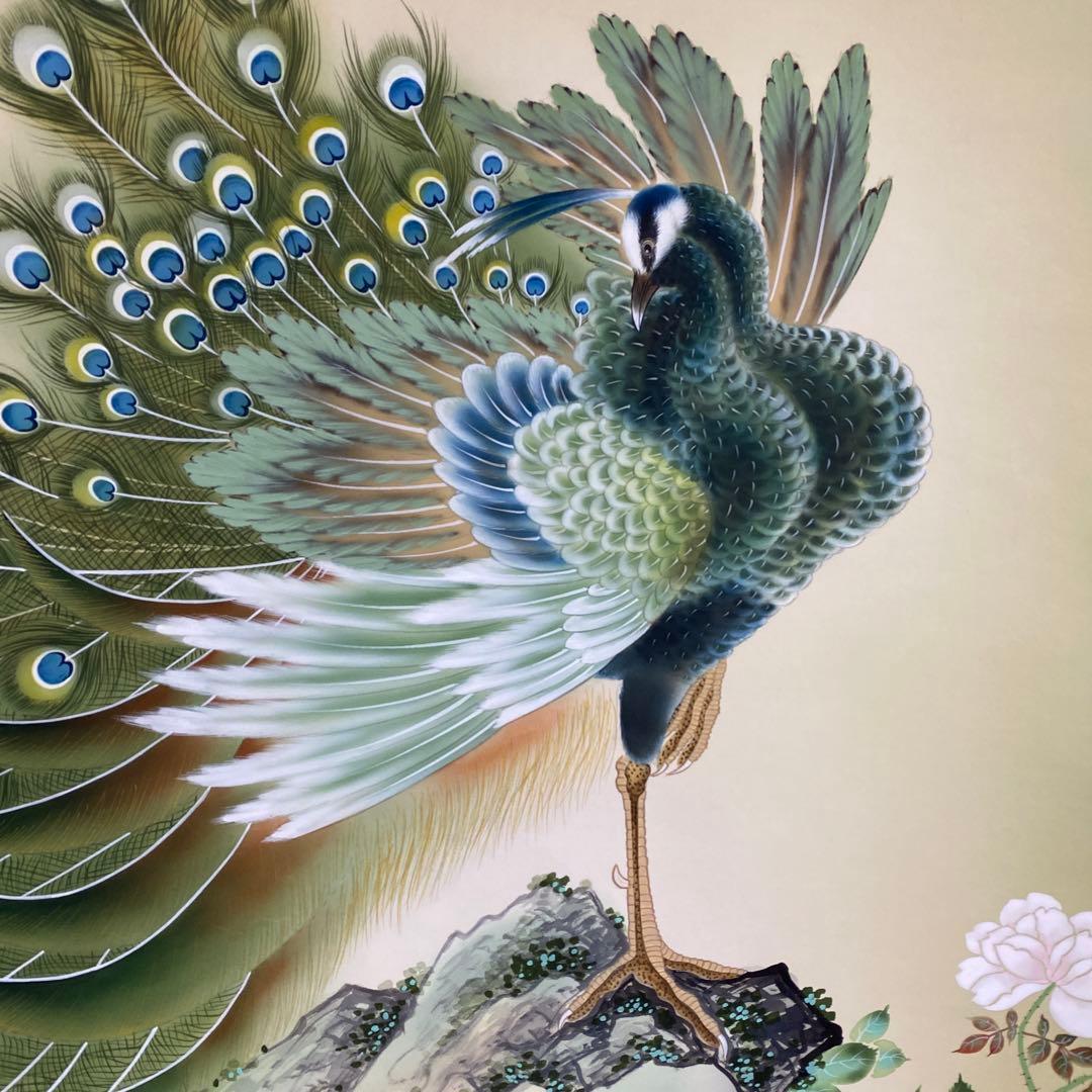 美品 掛け軸 加藤良春作 孔雀図 共箱 縁起物 厄除け 年中掛け