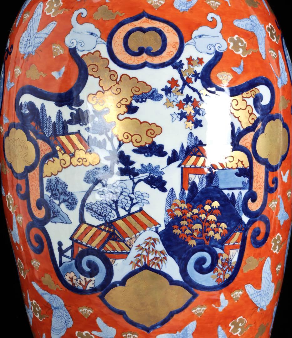 伊万里焼 赤絵金彩 花鳥蝶図 特大花瓶 95㎝ 大型飾壺 豪華絢爛 古美術 骨董