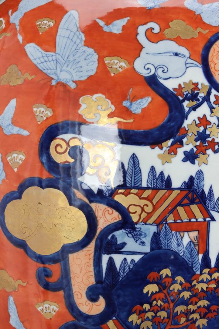 伊万里焼 赤絵金彩 花鳥蝶図 特大花瓶 95㎝ 大型飾壺 豪華絢爛 古美術 骨董