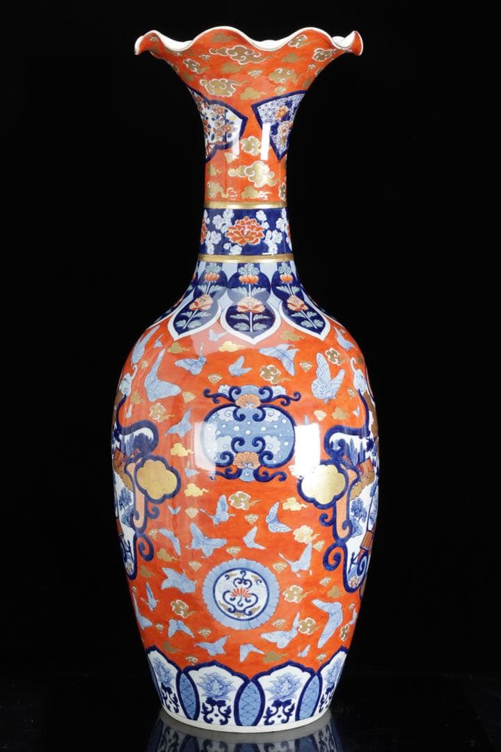 伊万里焼 赤絵金彩 花鳥蝶図 特大花瓶 95㎝ 大型飾壺 豪華絢爛 古美術 骨董