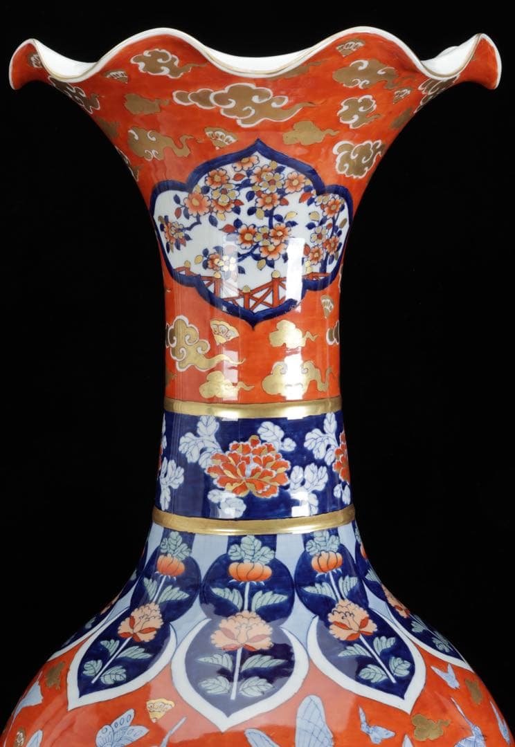 伊万里焼 赤絵金彩 花鳥蝶図 特大花瓶 95㎝ 大型飾壺 豪華絢爛 古美術 骨董