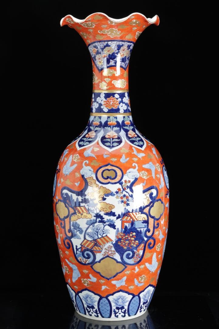 伊万里焼 赤絵金彩 花鳥蝶図 特大花瓶 95㎝ 大型飾壺 豪華絢爛 古美術 骨董