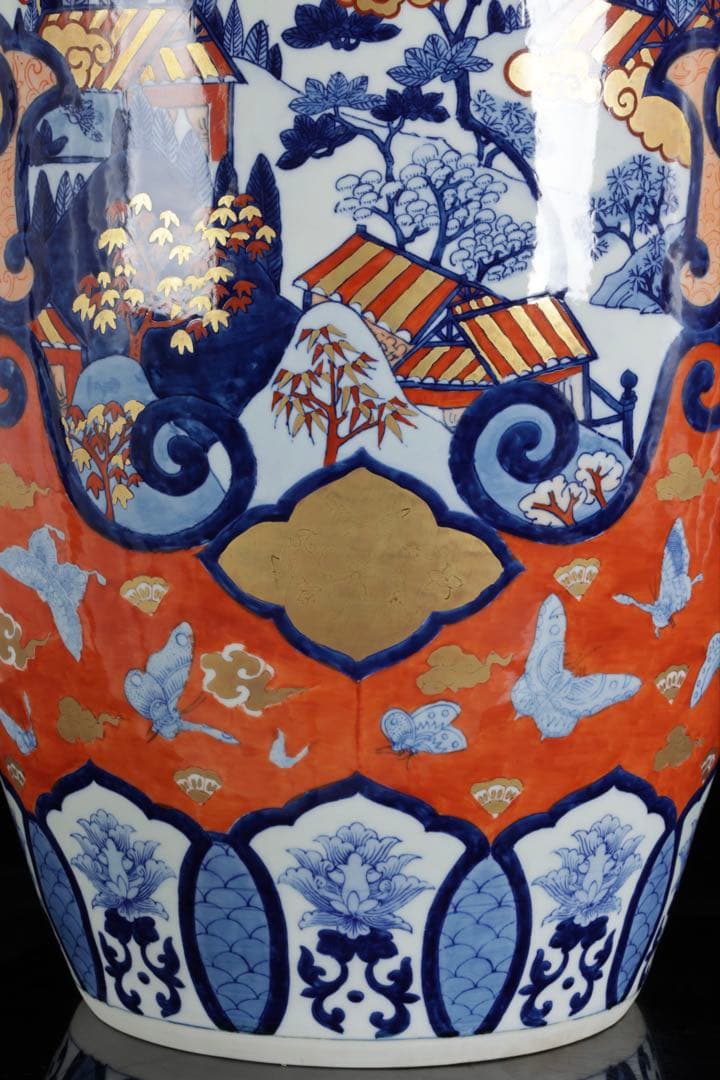 伊万里焼 赤絵金彩 花鳥蝶図 特大花瓶 95㎝ 大型飾壺 豪華絢爛 古美術 骨董