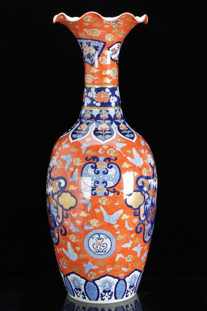 伊万里焼 赤絵金彩 花鳥蝶図 特大花瓶 95㎝ 大型飾壺 豪華絢爛 古美術 骨董