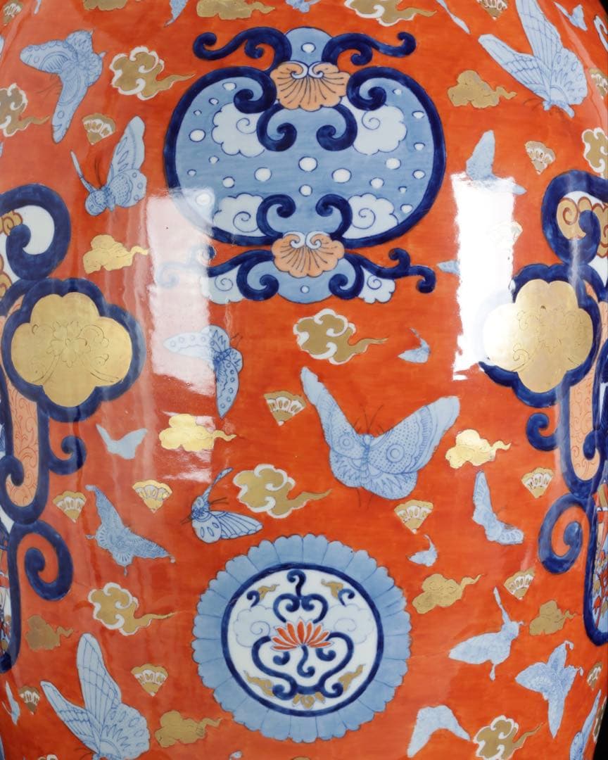 伊万里焼 赤絵金彩 花鳥蝶図 特大花瓶 95㎝ 大型飾壺 豪華絢爛 古美術 骨董