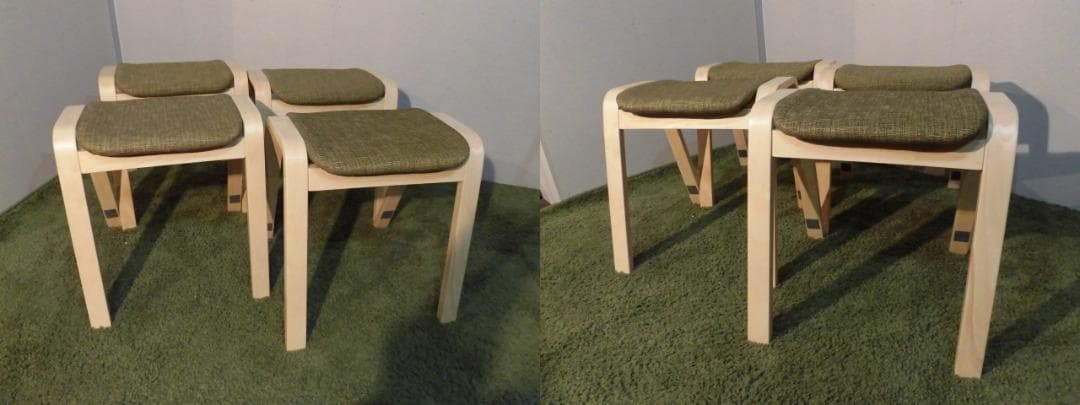 アウトレット★スタッキングスツール★4脚セット/ナチュラル枠（グリーン）