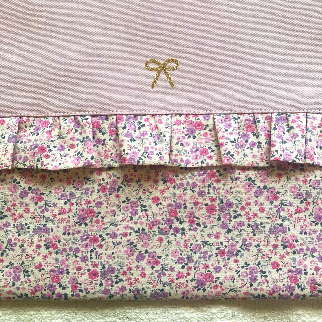小花柄フリルレッスンバッグ　スモーキーピンク　両面フリル　ハンドメイド