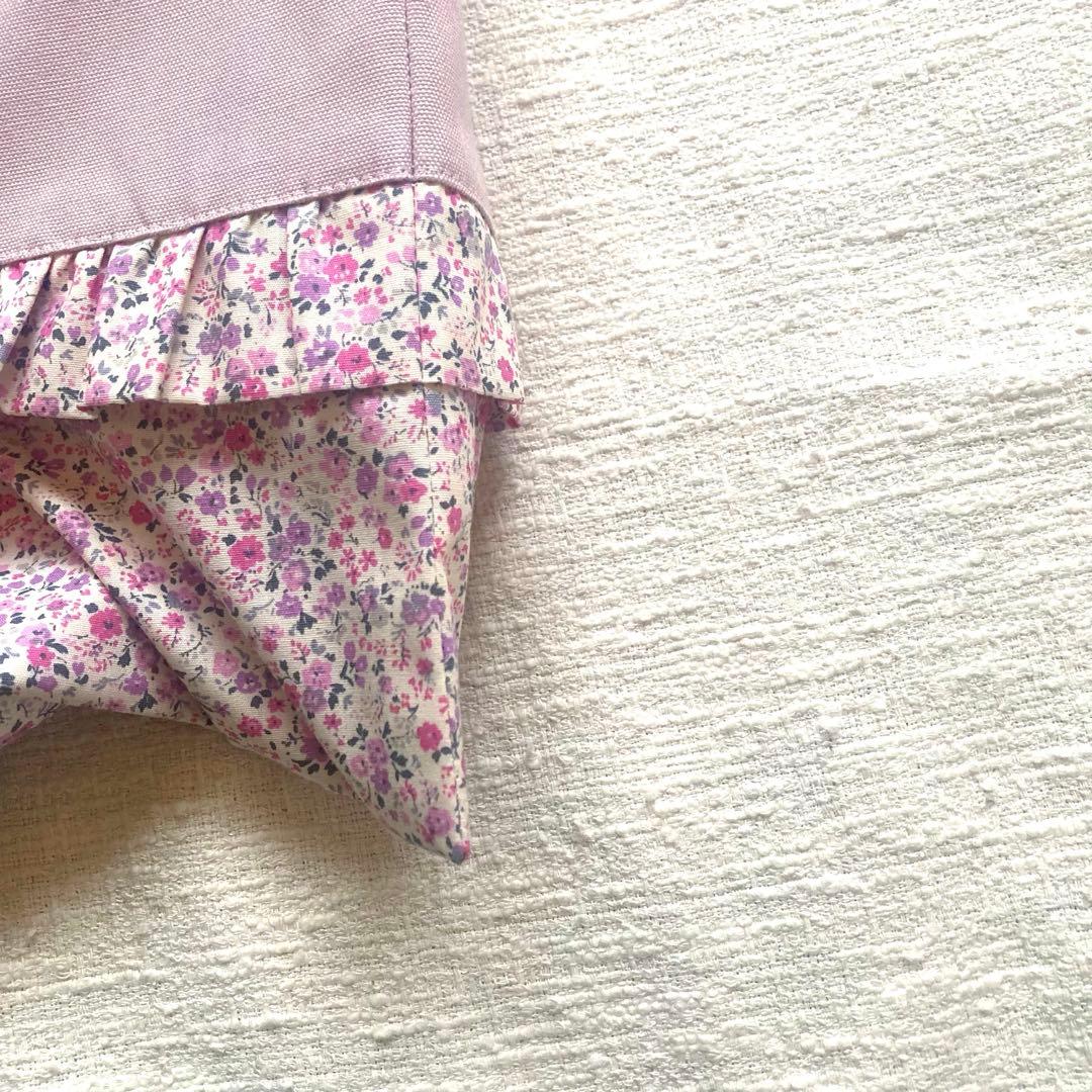 小花柄フリルレッスンバッグ　スモーキーピンク　両面フリル　ハンドメイド