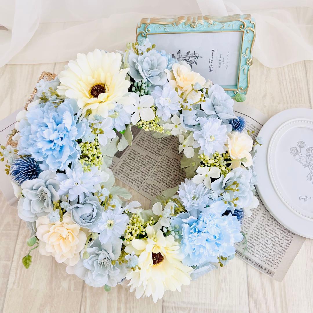 フラワーリース 春 アンティークブルー パステル水色 ガーベラ ローズ285