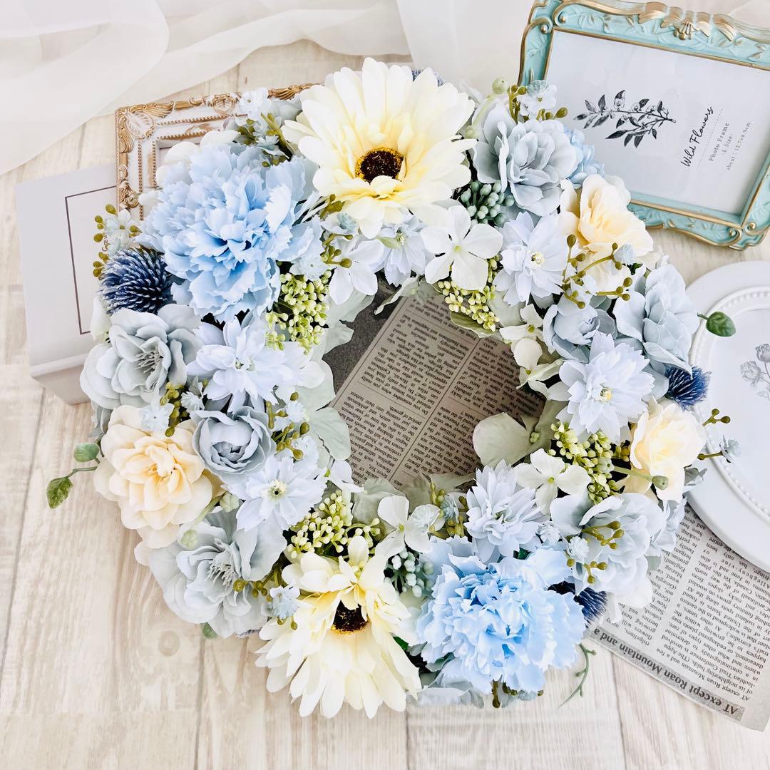 フラワーリース 春 アンティークブルー パステル水色 ガーベラ ローズ285