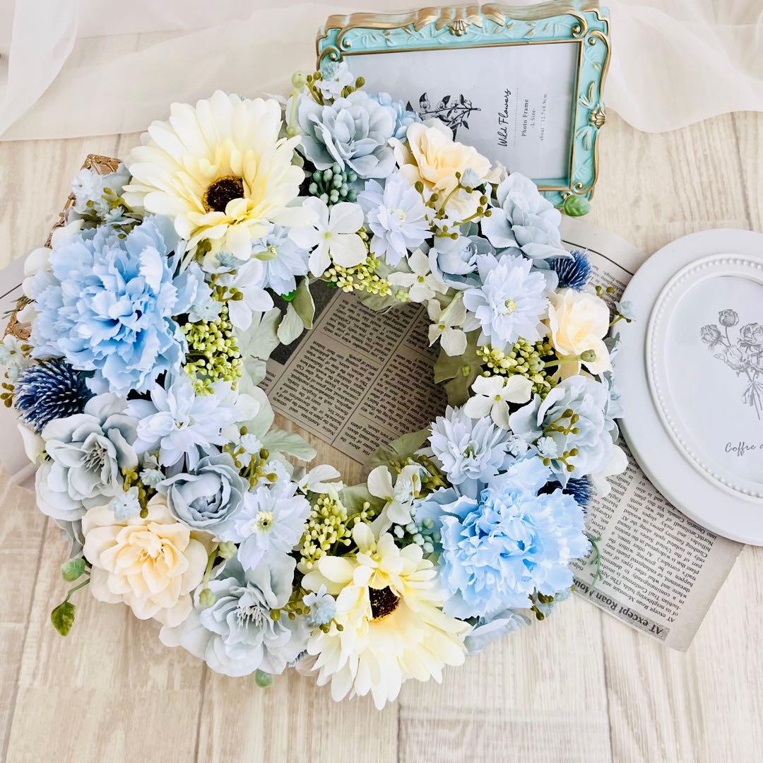 フラワーリース 春 アンティークブルー パステル水色 ガーベラ ローズ285