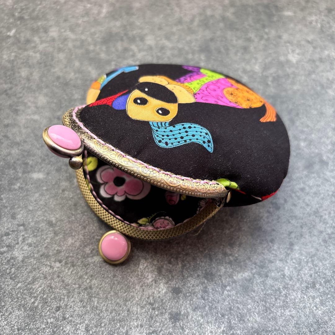 ロラライハリスHappyDogs（ブラック）　がま口ミニポーチ　ハンドメイド