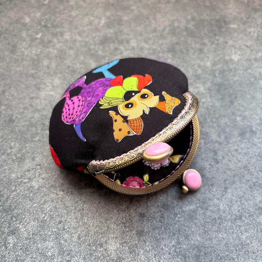 ロラライハリスHappyDogs（ブラック）　がま口ミニポーチ　ハンドメイド