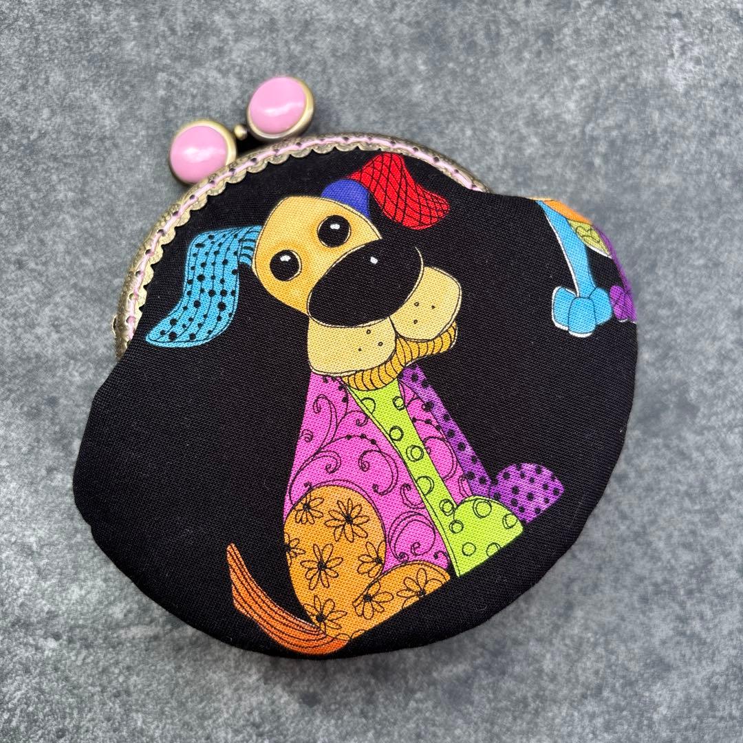 ロラライハリスHappyDogs（ブラック）　がま口ミニポーチ　ハンドメイド