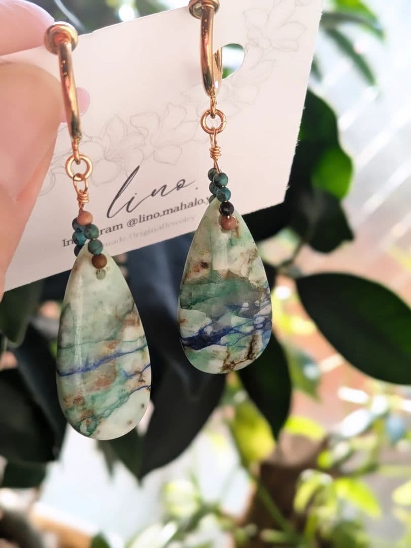 14kgf天然石希少クリソコラ×ターコイズ フープイヤリング