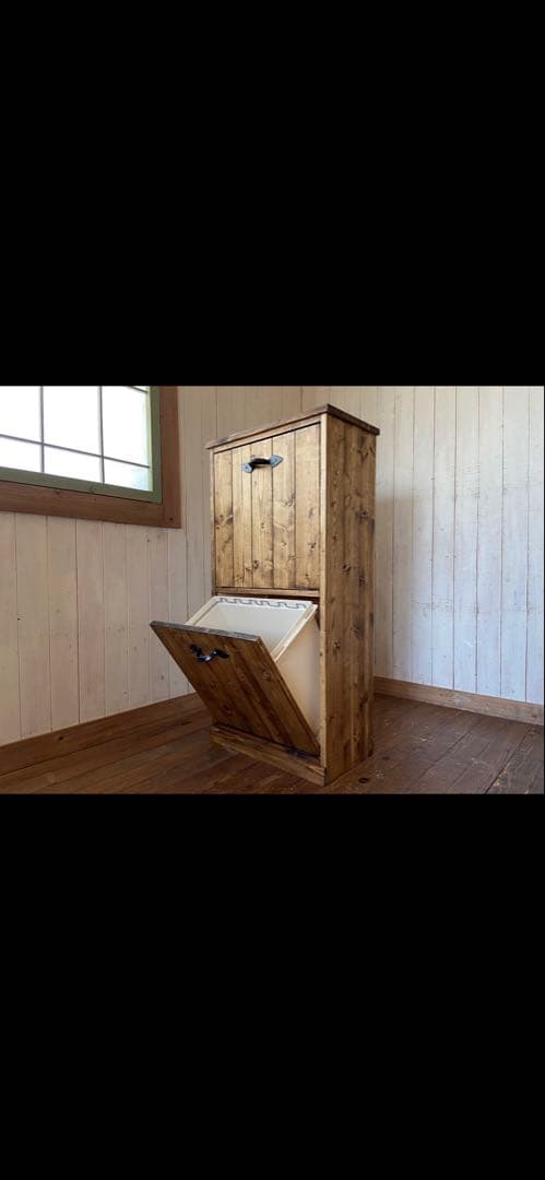 静かに閉まる45リットルパッタンゴミ箱 無垢材ハンドメイド家具