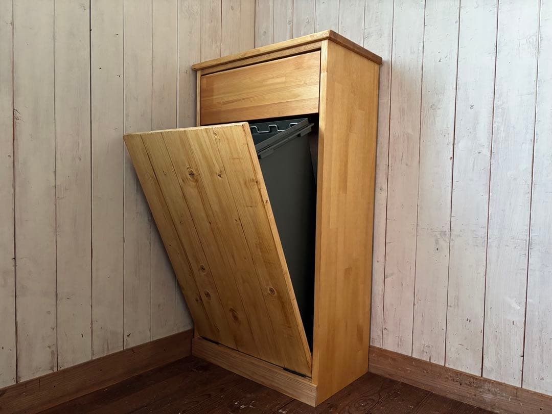 静かに閉まる45リットルパッタンゴミ箱 無垢材ハンドメイド家具