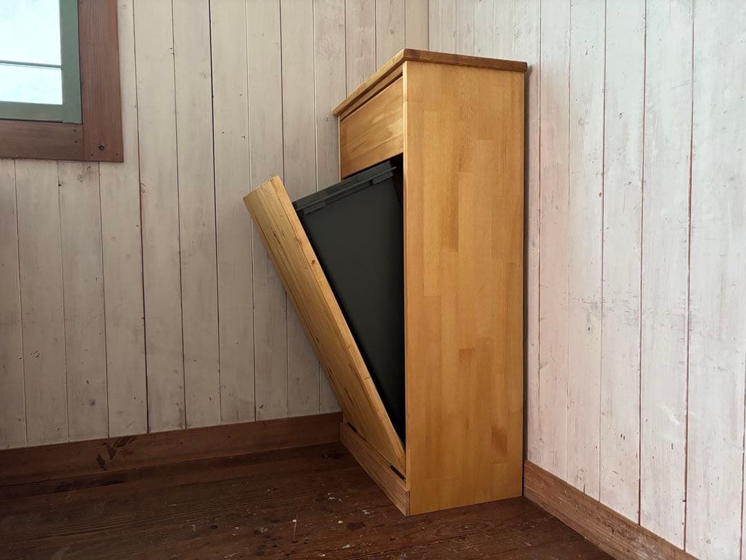 静かに閉まる45リットルパッタンゴミ箱 無垢材ハンドメイド家具