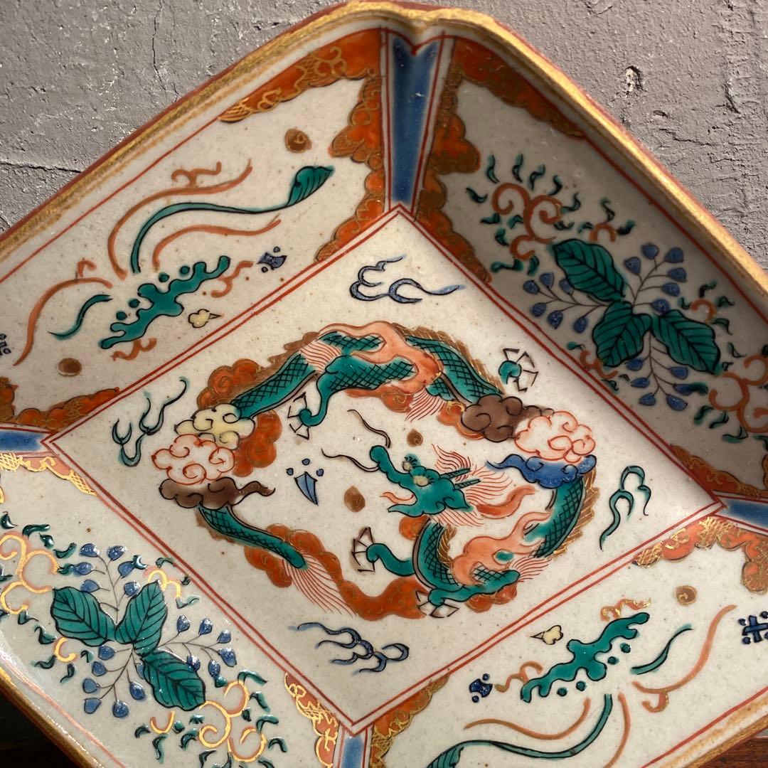時代物 九谷焼 龍紋様 菱形皿 骨董品 古九谷 金彩 コレクション